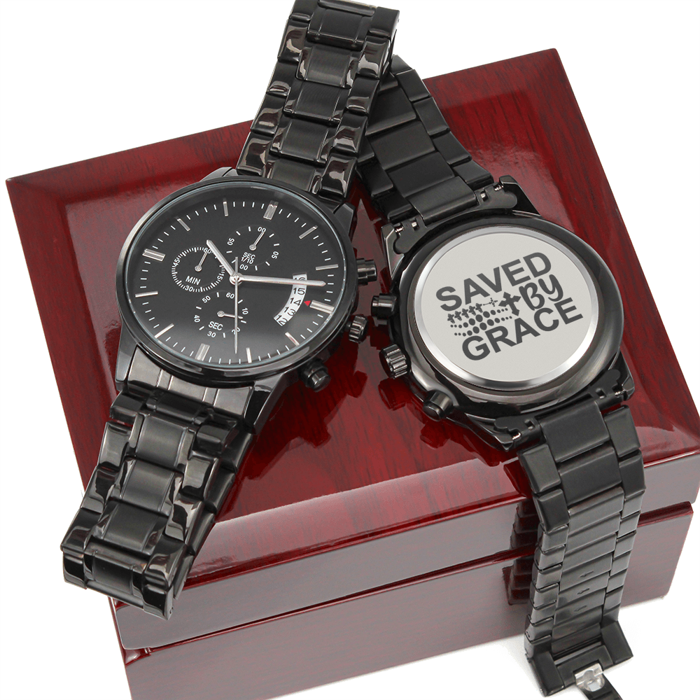Saved By Grace Engraved Bible Verse Men's Watch Multifunction Stainless Steel W Copper Dial-Express Your Love Gifts