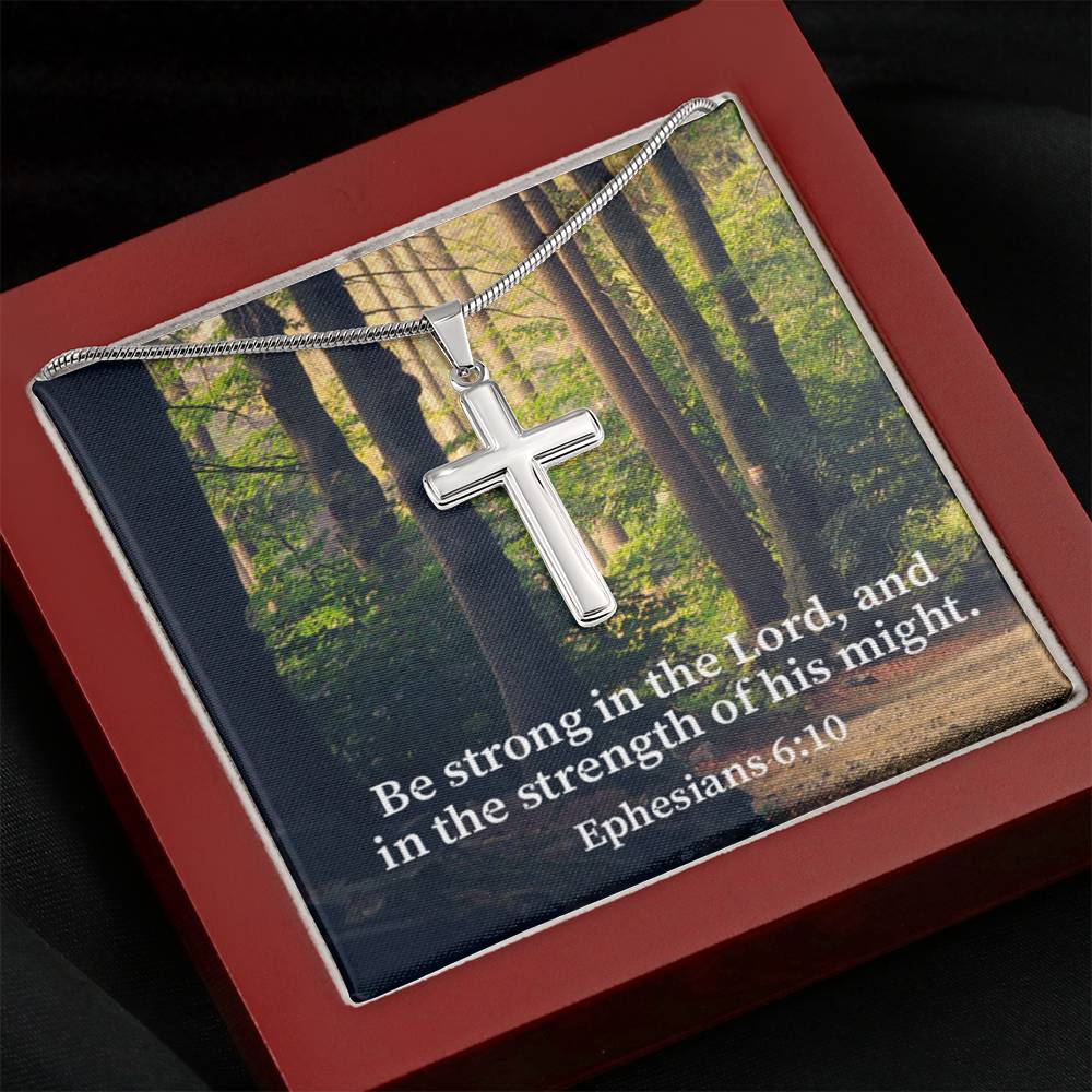 Scripture Card Be Strong In The Lord Ephesians 6:10 Cross Card Necklace w Stainless Steel Pendant Religious Gift-Express Your Love Gifts
