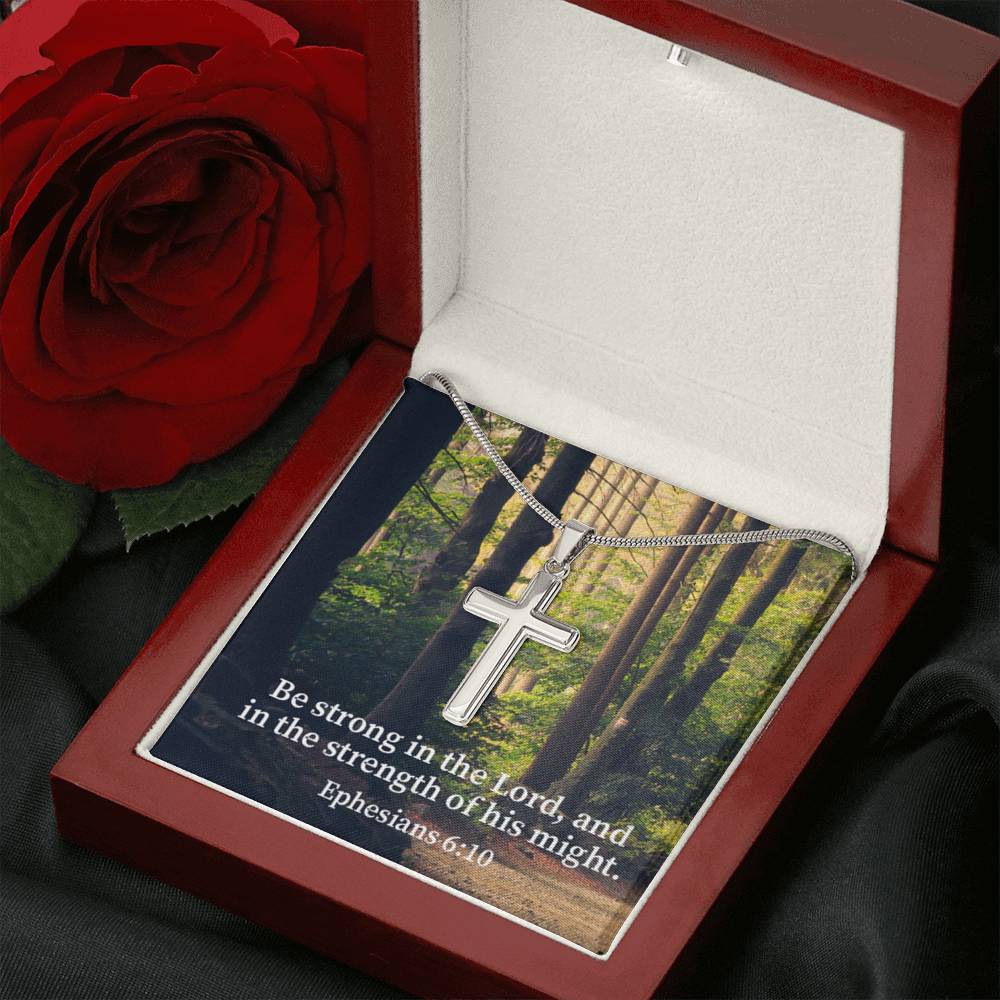 Scripture Card Be Strong In The Lord Ephesians 6:10 Cross Card Necklace w Stainless Steel Pendant Religious Gift-Express Your Love Gifts