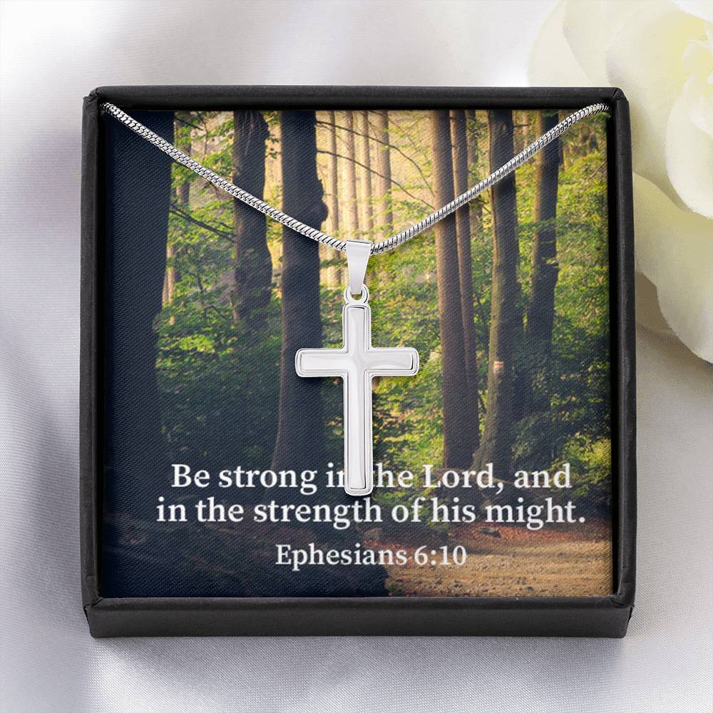 Scripture Card Be Strong In The Lord Ephesians 6:10 Cross Card Necklace w Stainless Steel Pendant Religious Gift-Express Your Love Gifts