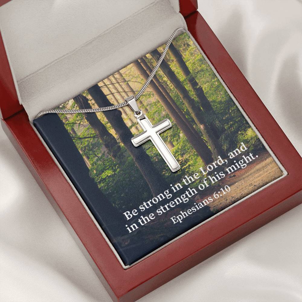 Scripture Card Be Strong In The Lord Ephesians 6:10 Cross Card Necklace w Stainless Steel Pendant Religious Gift-Express Your Love Gifts