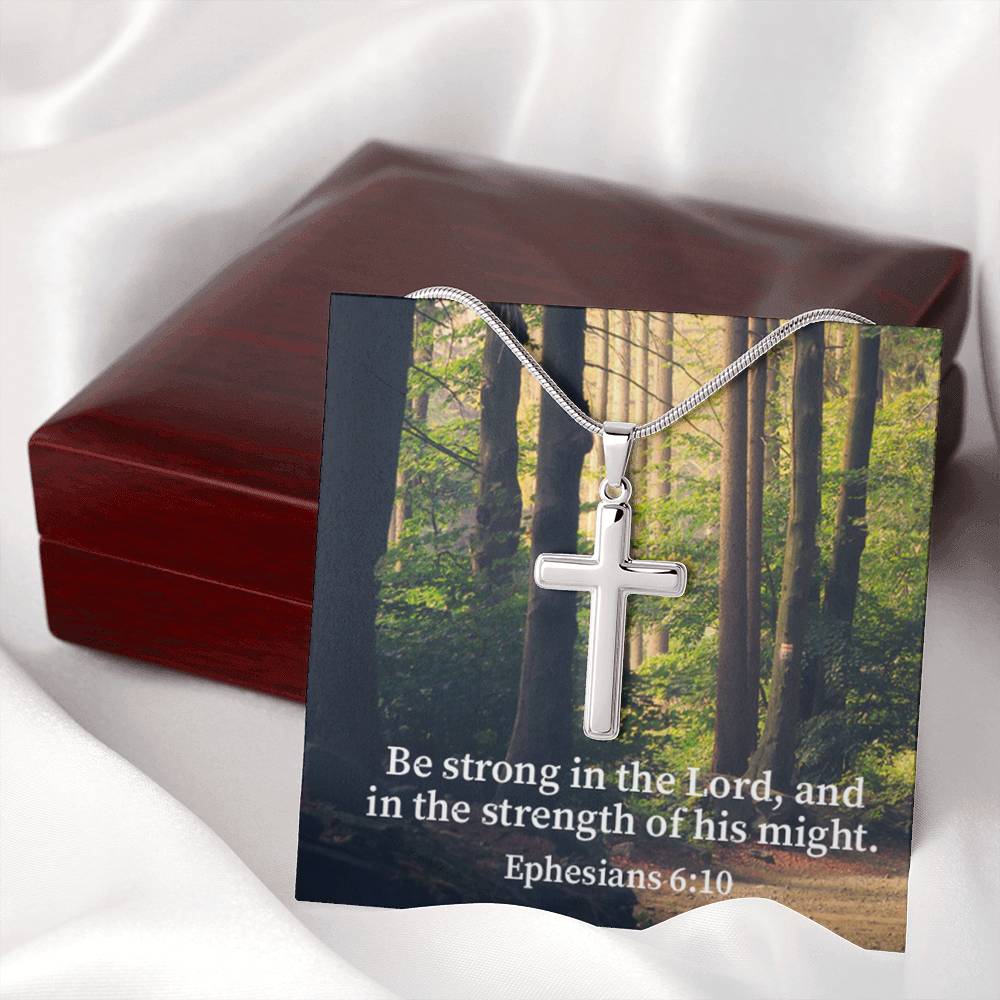 Scripture Card Be Strong In The Lord Ephesians 6:10 Cross Card Necklace w Stainless Steel Pendant Religious Gift-Express Your Love Gifts
