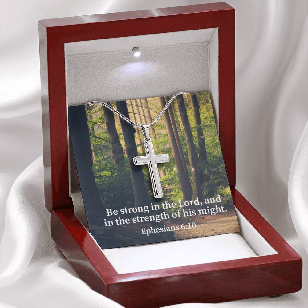 Scripture Card Be Strong In The Lord Ephesians 6:10 Cross Card Necklace w Stainless Steel Pendant Religious Gift-Express Your Love Gifts