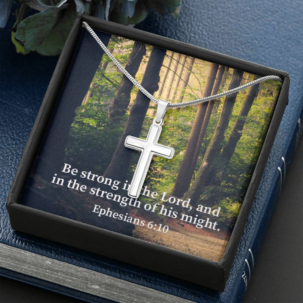 Scripture Card Be Strong In The Lord Ephesians 6:10 Cross Card Necklace w Stainless Steel Pendant Religious Gift-Express Your Love Gifts