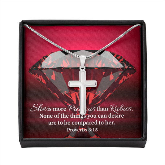 Scripture Card Better Than Rubies Proverbs 3:15 Cross Card Necklace w Stainless Steel Pendant Religious Gift-Express Your Love Gifts