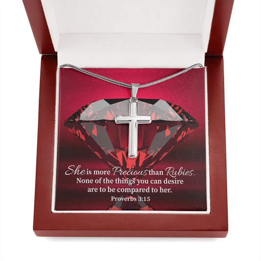 Scripture Card Better Than Rubies Proverbs 3:15 Cross Card Necklace w Stainless Steel Pendant Religious Gift-Express Your Love Gifts