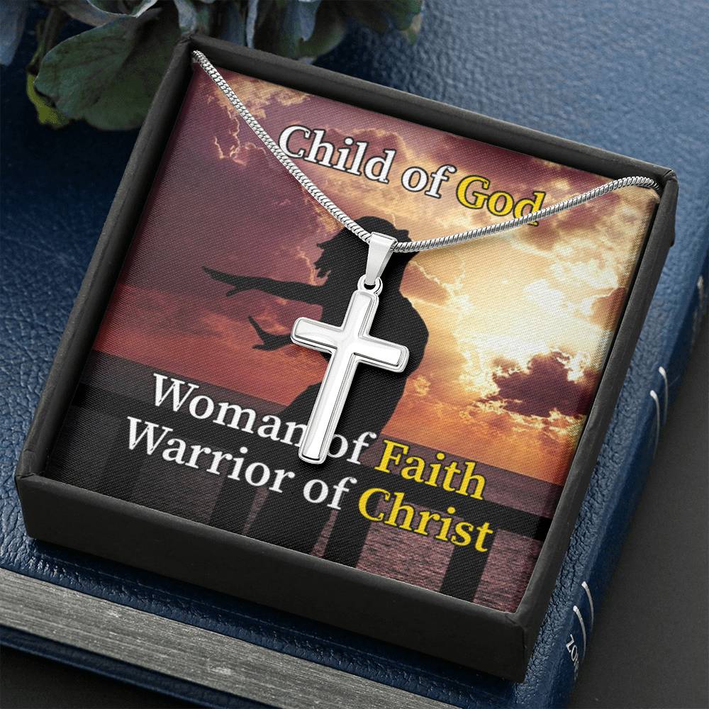 Scripture Card Child Of God Woman Of Faith Warrior Of Christ Faith Cross Card Necklace w Stainless Steel Pendant-Express Your Love Gifts