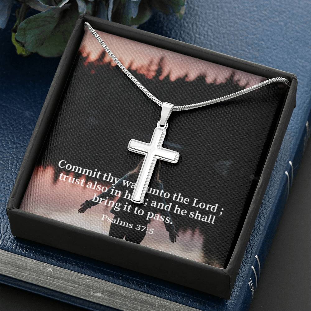 Scripture Card Commit Psalm 37:5 Cross Card Necklace w Stainless Steel Pendant Religious Gift-Express Your Love Gifts