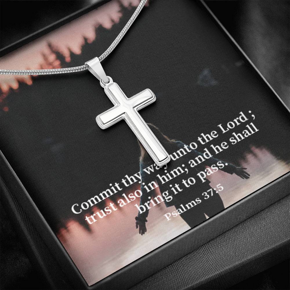 Scripture Card Commit Psalm 37:5 Cross Card Necklace w Stainless Steel Pendant Religious Gift-Express Your Love Gifts