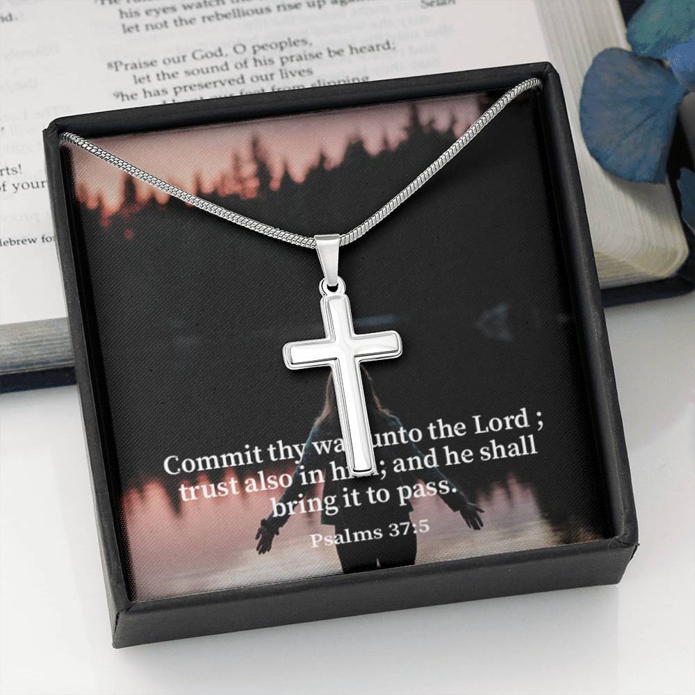 Scripture Card Commit Psalm 37:5 Cross Card Necklace w Stainless Steel Pendant Religious Gift-Express Your Love Gifts