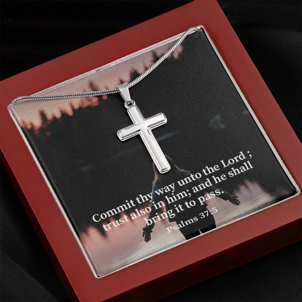 Scripture Card Commit Psalm 37:5 Cross Card Necklace w Stainless Steel Pendant Religious Gift-Express Your Love Gifts