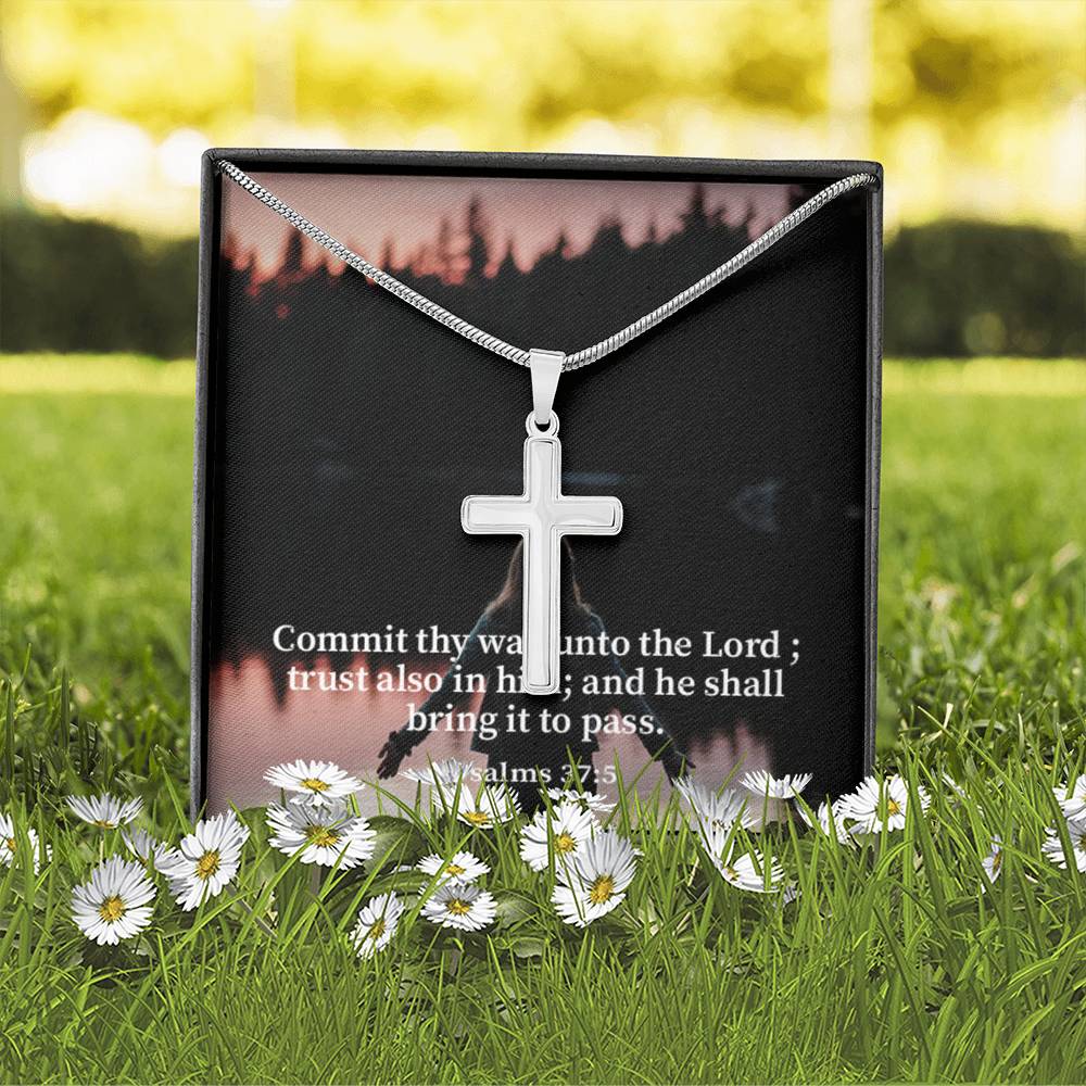 Scripture Card Commit Psalm 37:5 Cross Card Necklace w Stainless Steel Pendant Religious Gift-Express Your Love Gifts