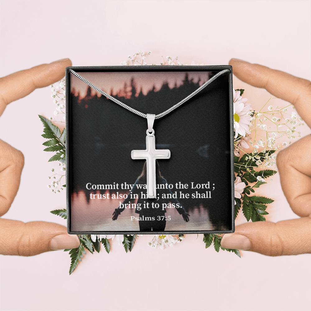 Scripture Card Commit Psalm 37:5 Cross Card Necklace w Stainless Steel Pendant Religious Gift-Express Your Love Gifts