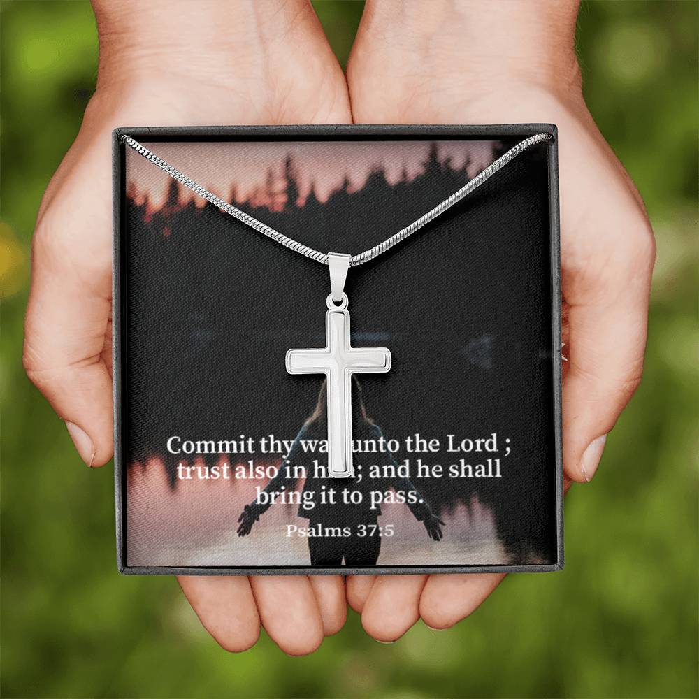 Scripture Card Commit Psalm 37:5 Cross Card Necklace w Stainless Steel Pendant Religious Gift-Express Your Love Gifts