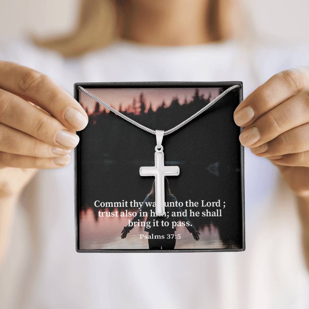Scripture Card Commit Psalm 37:5 Cross Card Necklace w Stainless Steel Pendant Religious Gift-Express Your Love Gifts