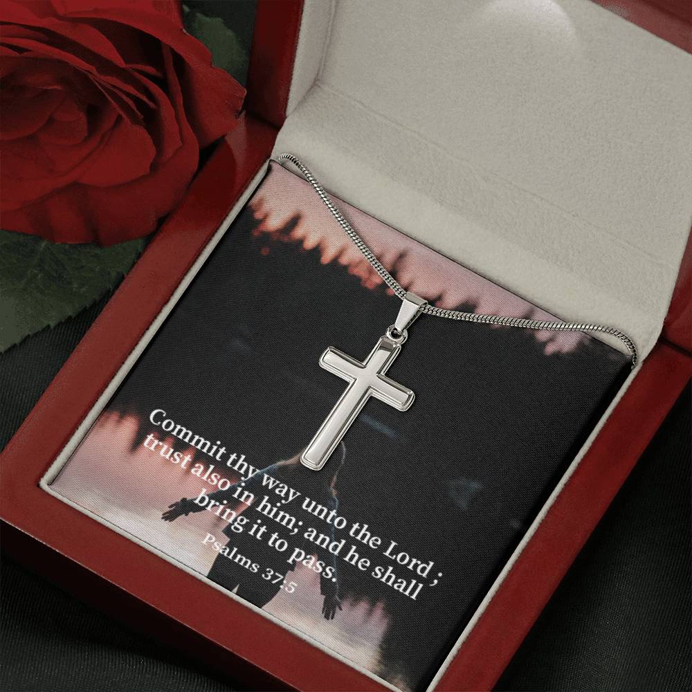 Scripture Card Commit Psalm 37:5 Cross Card Necklace w Stainless Steel Pendant Religious Gift-Express Your Love Gifts