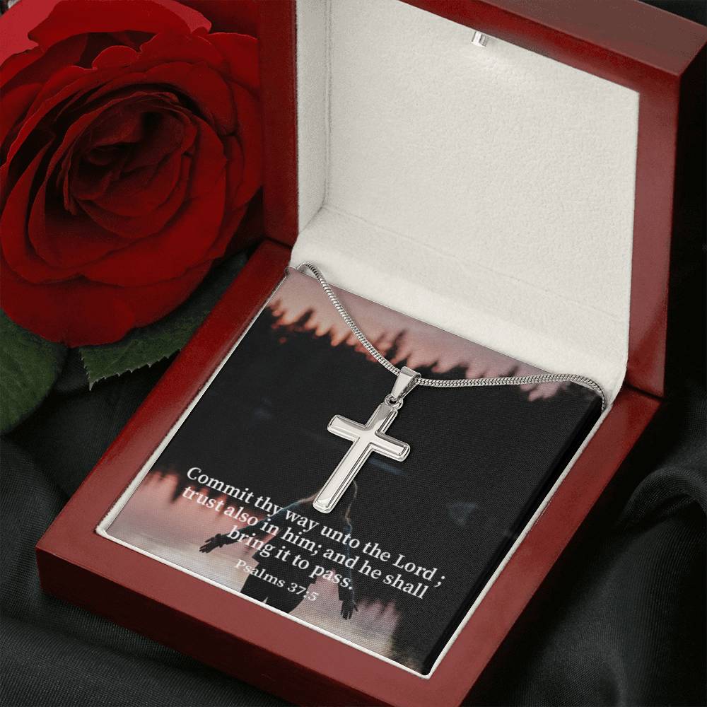 Scripture Card Commit Psalm 37:5 Cross Card Necklace w Stainless Steel Pendant Religious Gift-Express Your Love Gifts