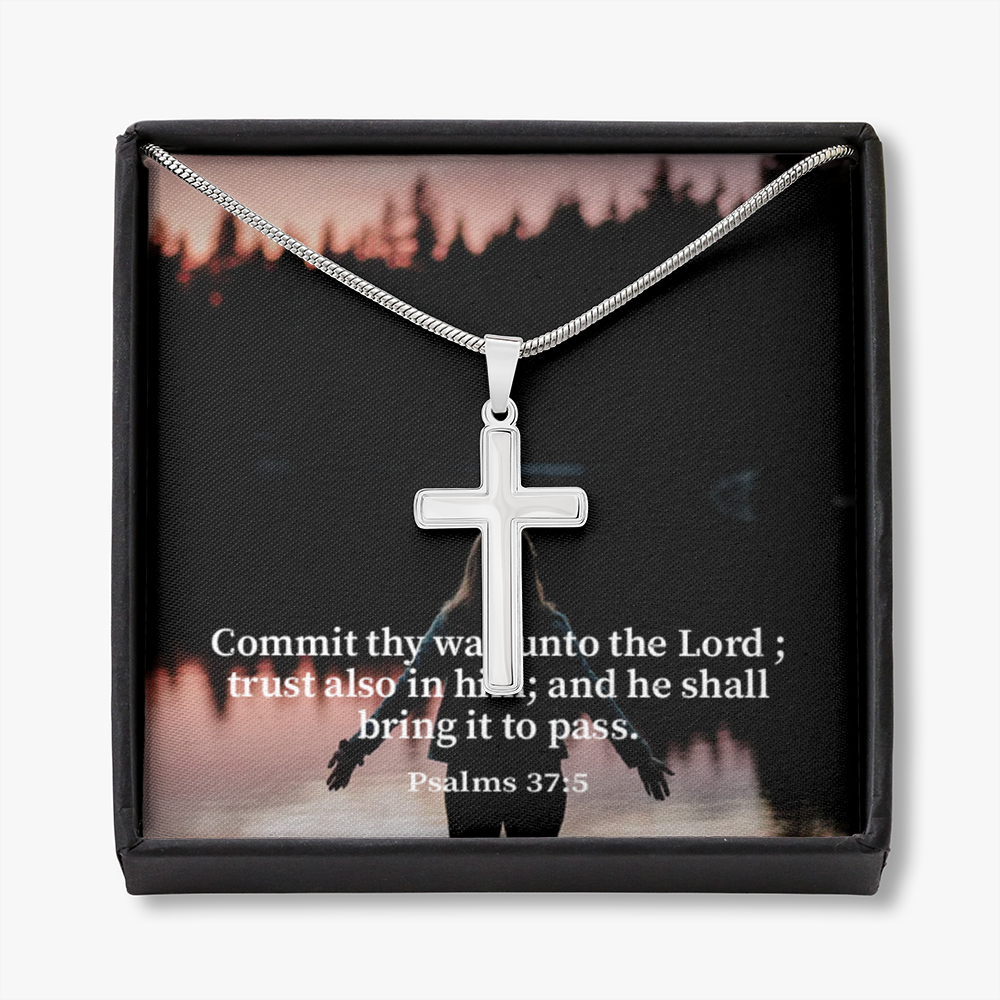 Scripture Card Commit Psalm 37:5 Cross Card Necklace w Stainless Steel Pendant Religious Gift-Express Your Love Gifts