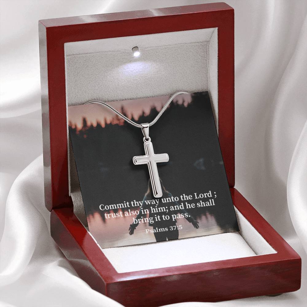 Scripture Card Commit Psalm 37:5 Cross Card Necklace w Stainless Steel Pendant Religious Gift-Express Your Love Gifts
