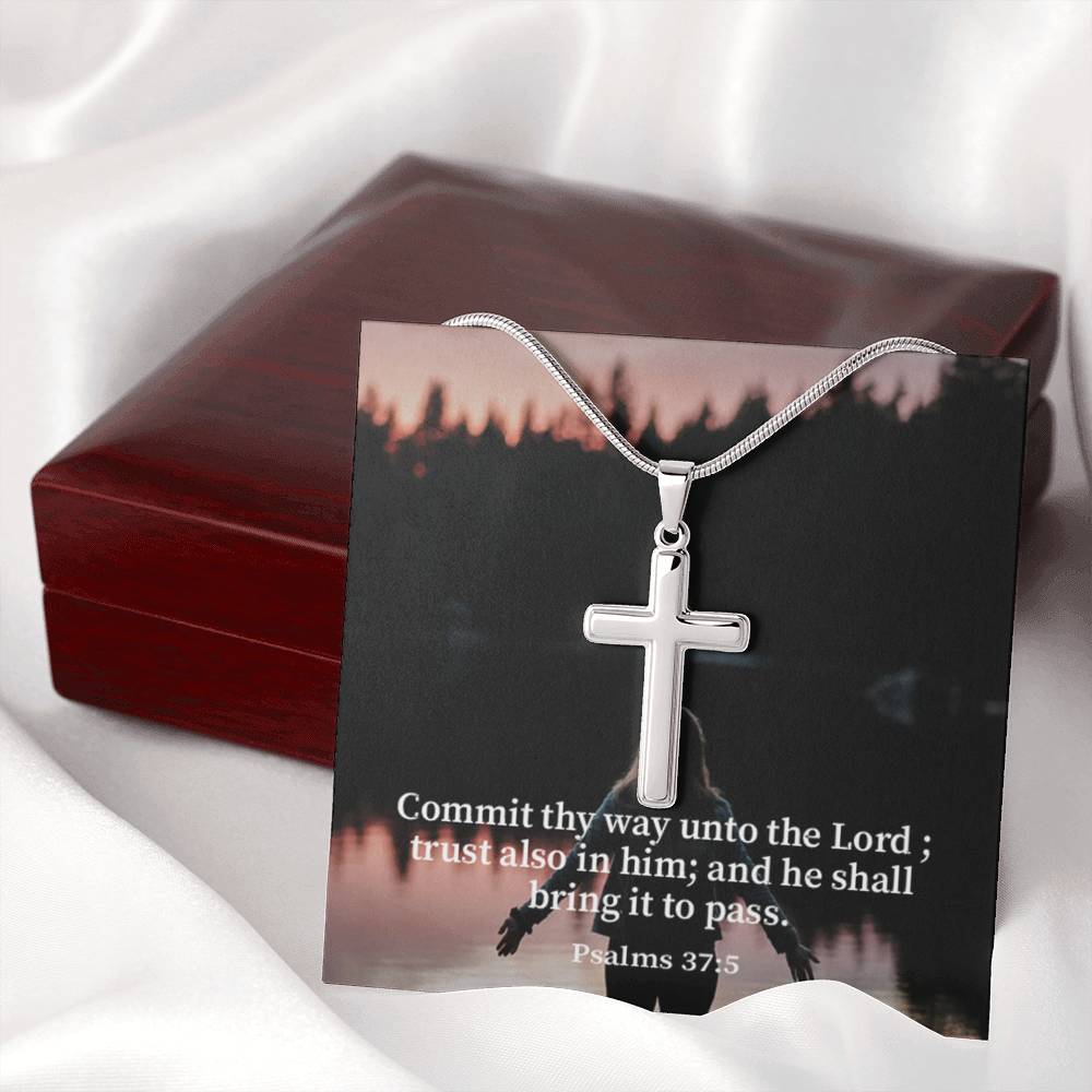 Scripture Card Commit Psalm 37:5 Cross Card Necklace w Stainless Steel Pendant Religious Gift-Express Your Love Gifts