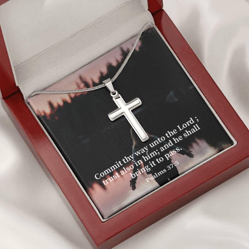 Scripture Card Commit Psalm 37:5 Cross Card Necklace w Stainless Steel Pendant Religious Gift-Express Your Love Gifts