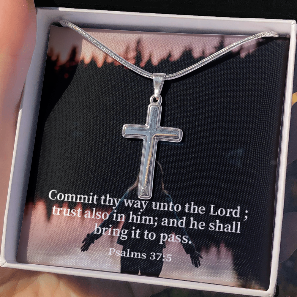 Scripture Card Commit Psalm 37:5 Cross Card Necklace w Stainless Steel Pendant Religious Gift-Express Your Love Gifts