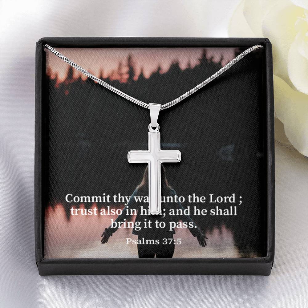 Scripture Card Commit Psalm 37:5 Cross Card Necklace w Stainless Steel Pendant Religious Gift-Express Your Love Gifts