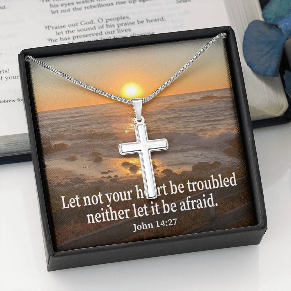 Scripture Card Let Not Your Heart Be Troubled John 14:27 Cross Card Necklace w Stainless Steel Pendant Religious Gift-Express Your Love Gifts