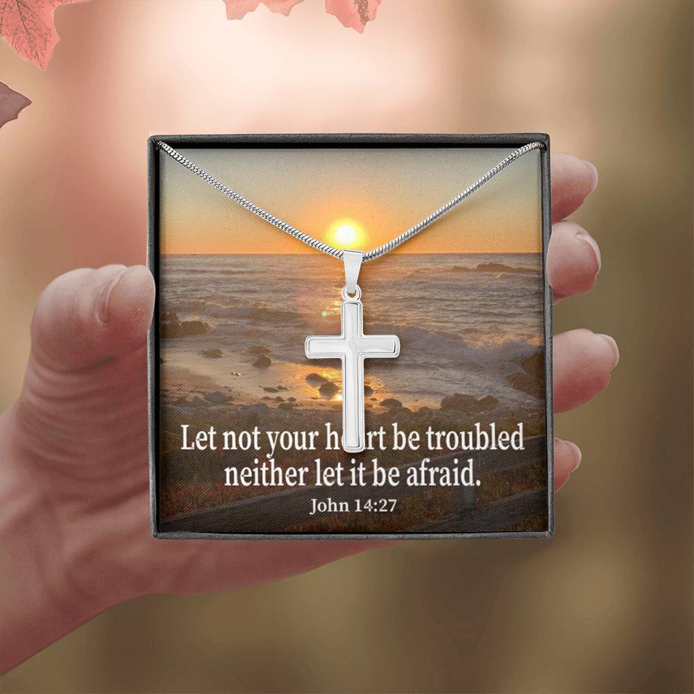 Scripture Card Let Not Your Heart Be Troubled John 14:27 Cross Card Necklace w Stainless Steel Pendant Religious Gift-Express Your Love Gifts
