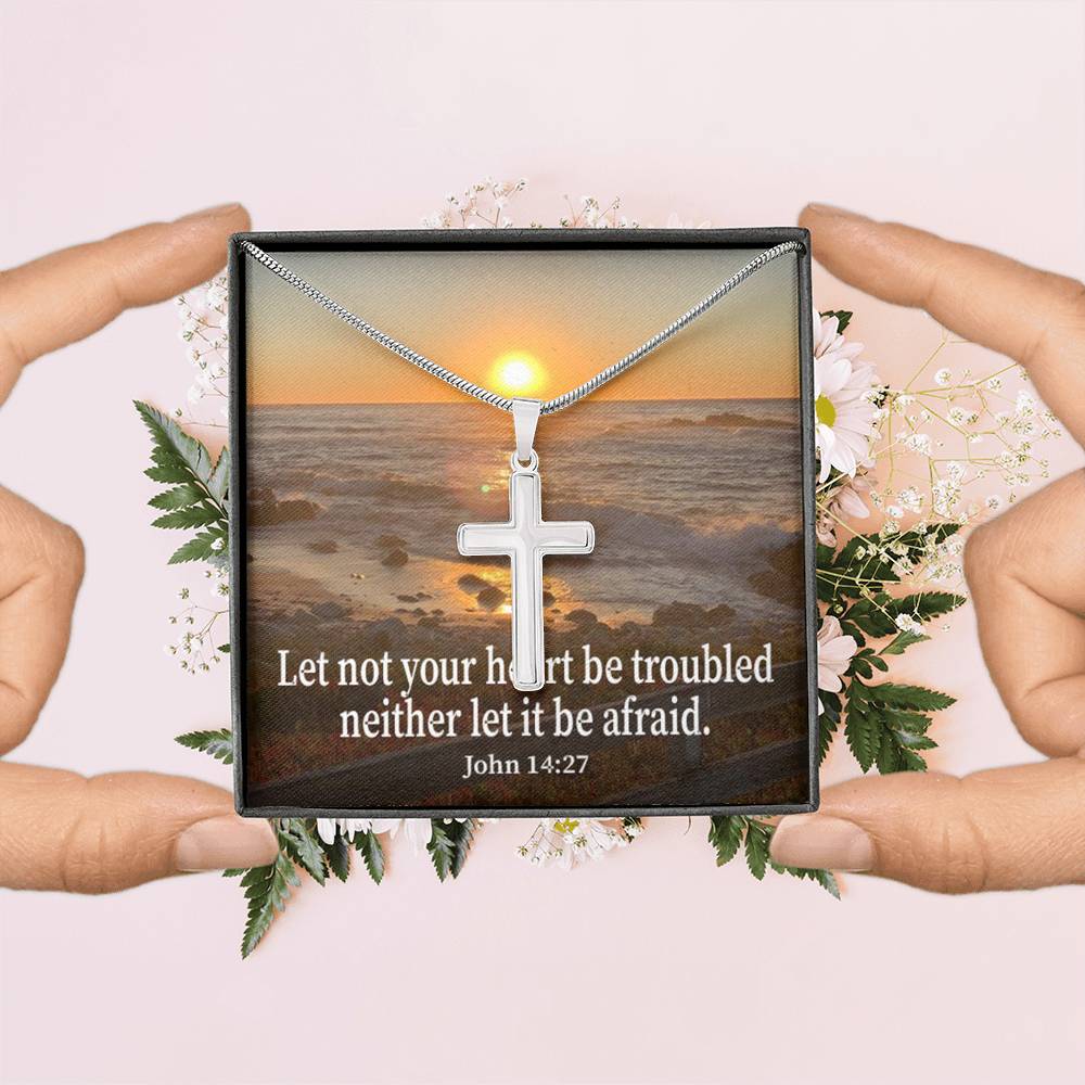 Scripture Card Let Not Your Heart Be Troubled John 14:27 Cross Card Necklace w Stainless Steel Pendant Religious Gift-Express Your Love Gifts
