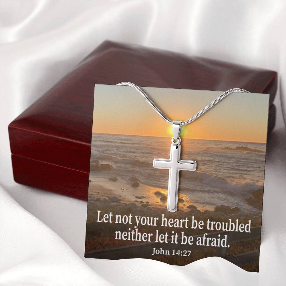 Scripture Card Let Not Your Heart Be Troubled John 14:27 Cross Card Necklace w Stainless Steel Pendant Religious Gift-Express Your Love Gifts