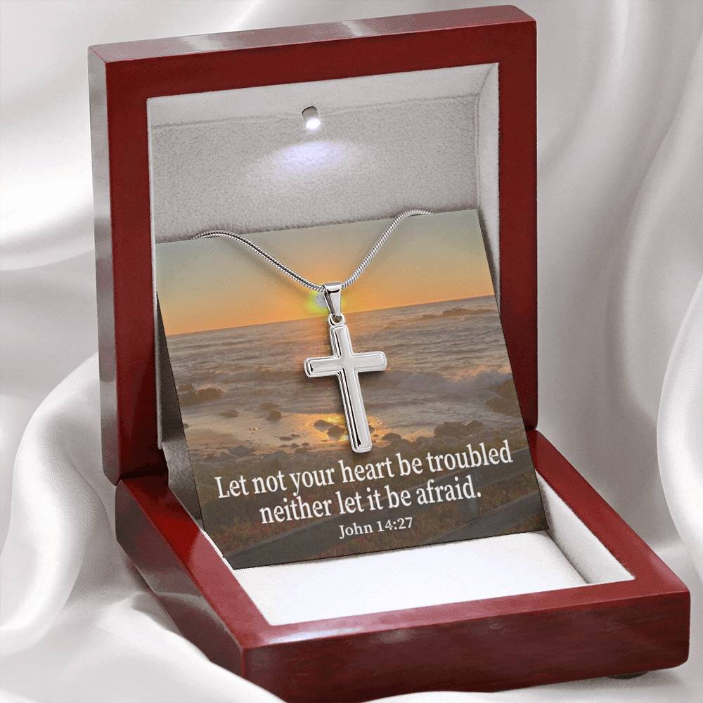 Scripture Card Let Not Your Heart Be Troubled John 14:27 Cross Card Necklace w Stainless Steel Pendant Religious Gift-Express Your Love Gifts