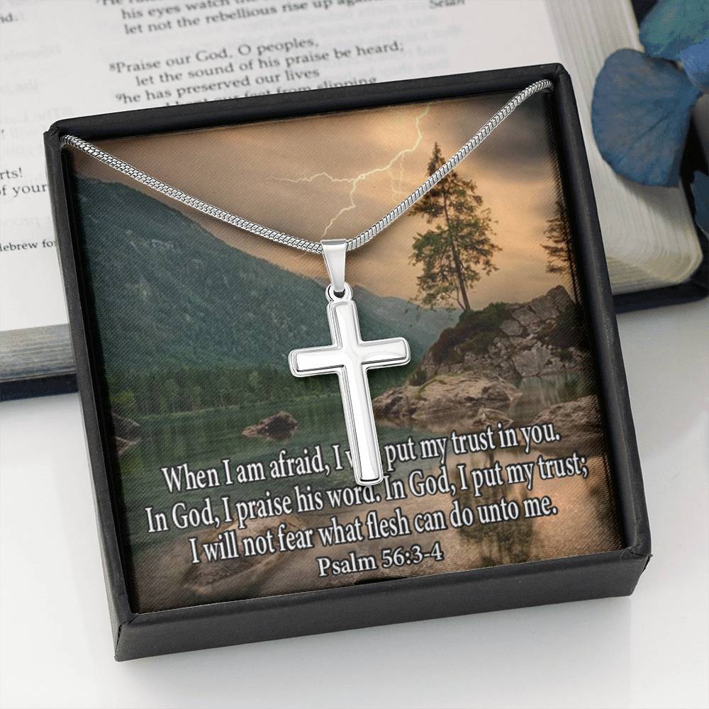 Scripture Card Trust In God Psalm 56:3-4 Cross Card Necklace w Stainless Steel Pendant Religious Gift-Express Your Love Gifts