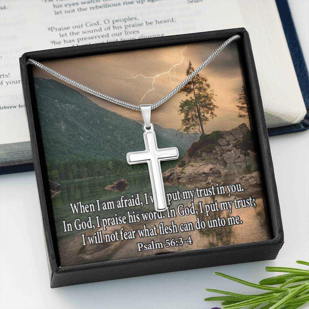Scripture Card Trust In God Psalm 56:3-4 Cross Card Necklace w Stainless Steel Pendant Religious Gift-Express Your Love Gifts