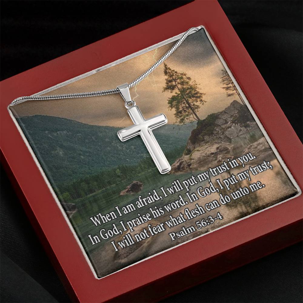 Scripture Card Trust In God Psalm 56:3-4 Cross Card Necklace w Stainless Steel Pendant Religious Gift-Express Your Love Gifts