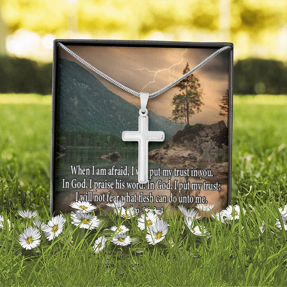 Scripture Card Trust In God Psalm 56:3-4 Cross Card Necklace w Stainless Steel Pendant Religious Gift-Express Your Love Gifts
