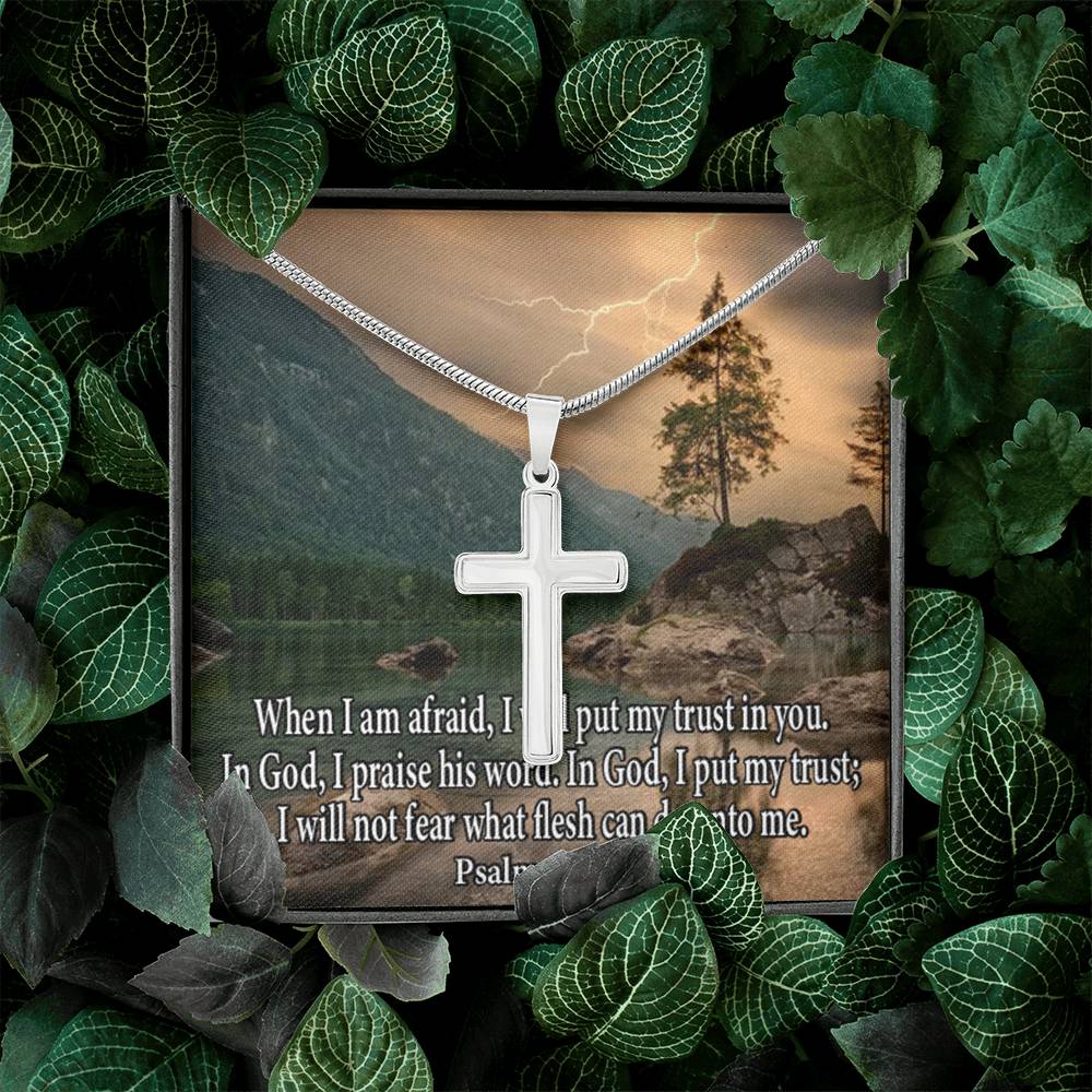 Scripture Card Trust In God Psalm 56:3-4 Cross Card Necklace w Stainless Steel Pendant Religious Gift-Express Your Love Gifts