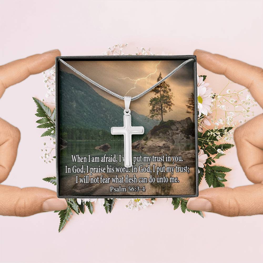 Scripture Card Trust In God Psalm 56:3-4 Cross Card Necklace w Stainless Steel Pendant Religious Gift-Express Your Love Gifts