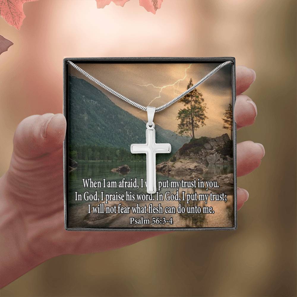 Scripture Card Trust In God Psalm 56:3-4 Cross Card Necklace w Stainless Steel Pendant Religious Gift-Express Your Love Gifts