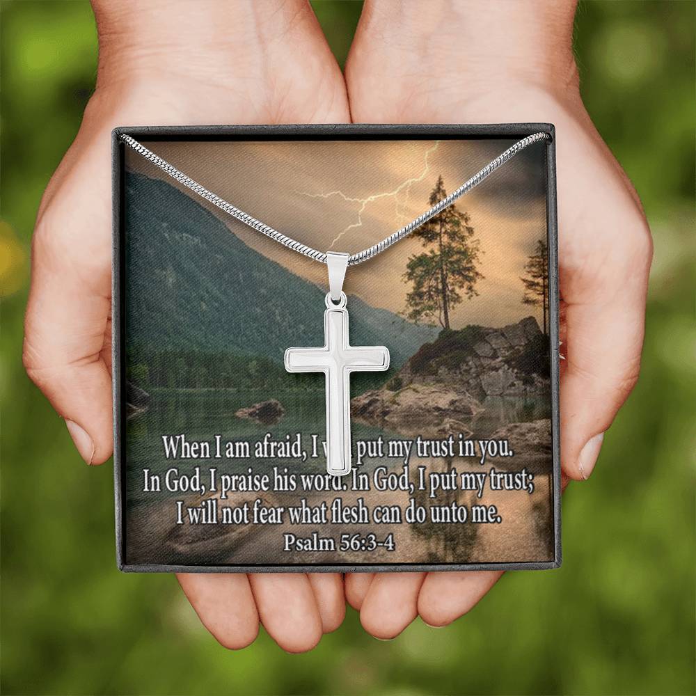 Scripture Card Trust In God Psalm 56:3-4 Cross Card Necklace w Stainless Steel Pendant Religious Gift-Express Your Love Gifts