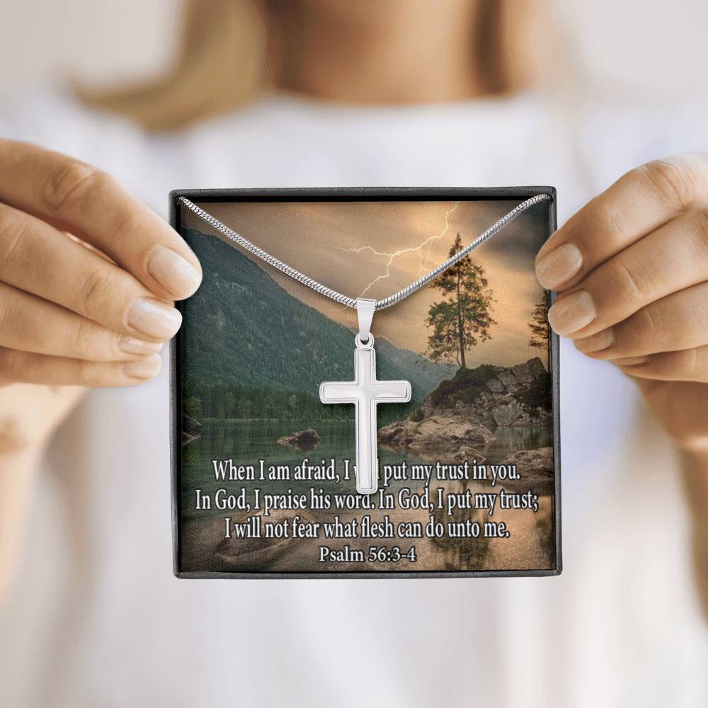 Scripture Card Trust In God Psalm 56:3-4 Cross Card Necklace w Stainless Steel Pendant Religious Gift-Express Your Love Gifts