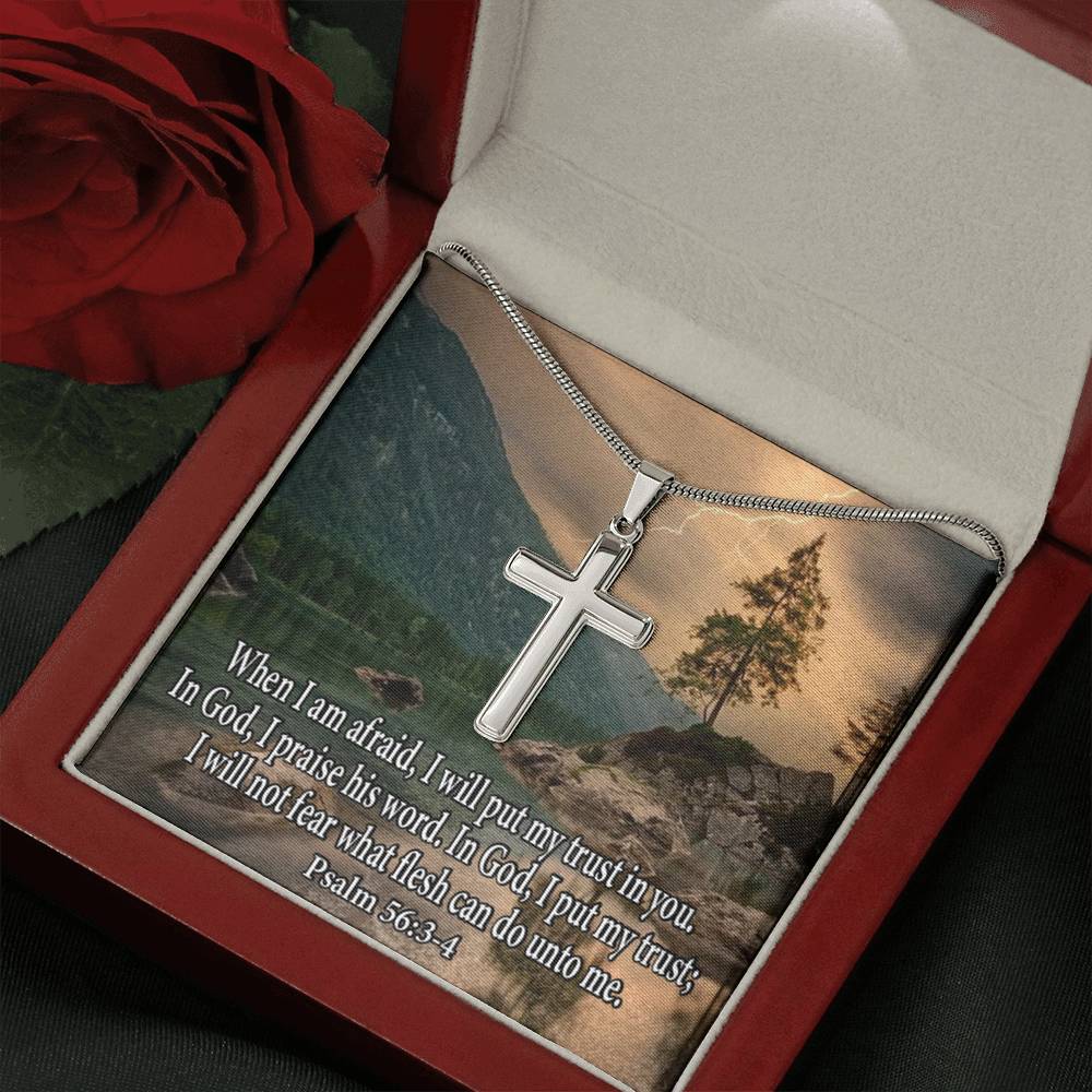 Scripture Card Trust In God Psalm 56:3-4 Cross Card Necklace w Stainless Steel Pendant Religious Gift-Express Your Love Gifts