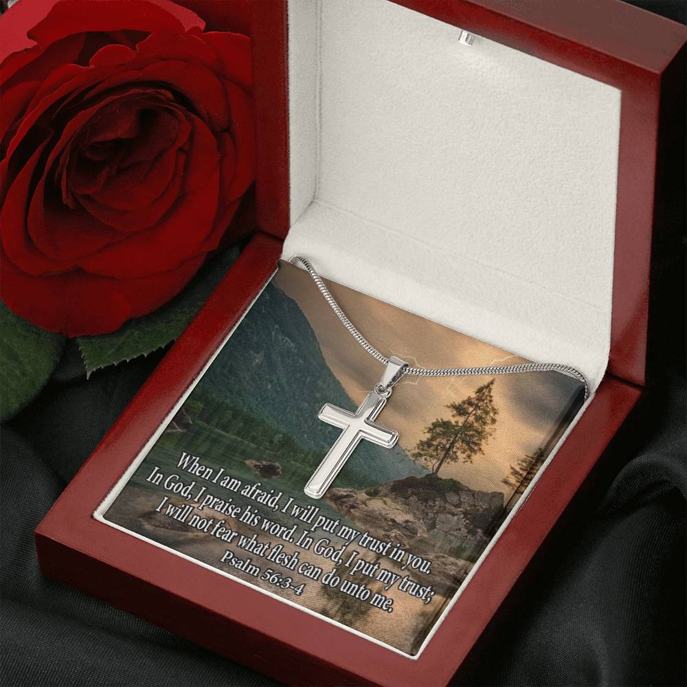 Scripture Card Trust In God Psalm 56:3-4 Cross Card Necklace w Stainless Steel Pendant Religious Gift-Express Your Love Gifts