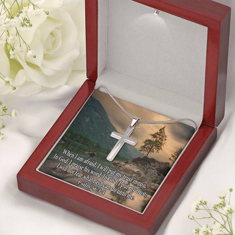 Scripture Card Trust In God Psalm 56:3-4 Cross Card Necklace w Stainless Steel Pendant Religious Gift-Express Your Love Gifts