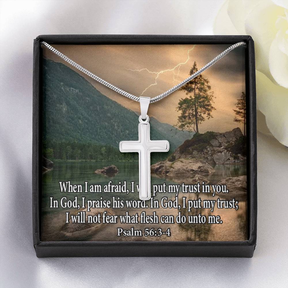 Scripture Card Trust In God Psalm 56:3-4 Cross Card Necklace w Stainless Steel Pendant Religious Gift-Express Your Love Gifts