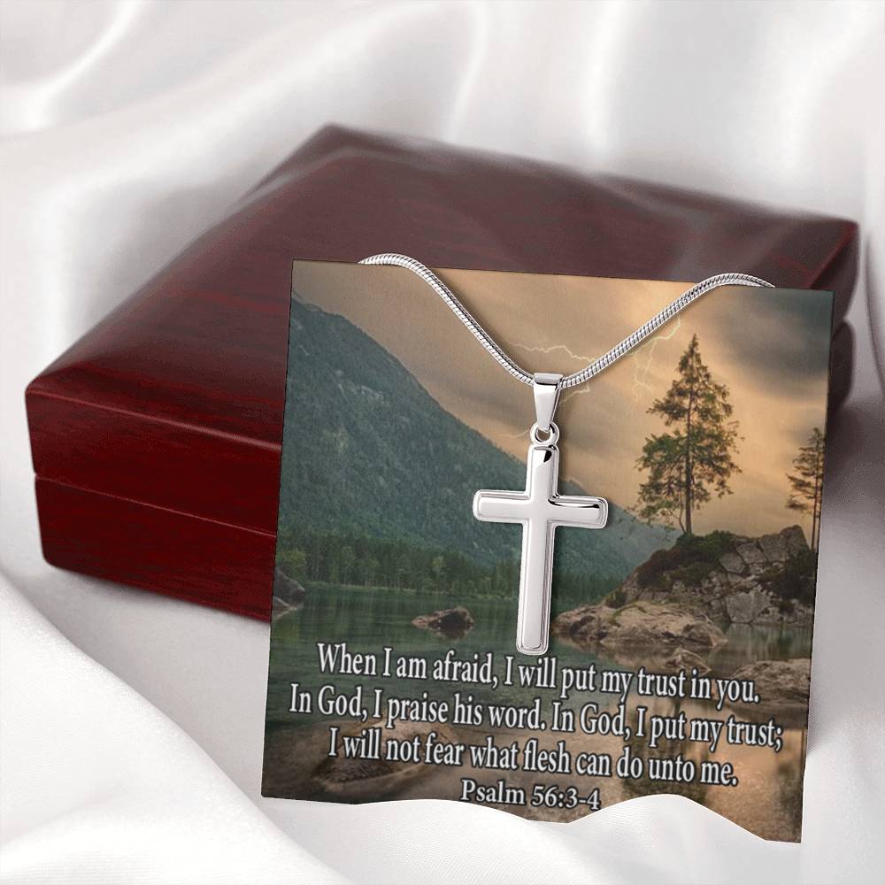 Scripture Card Trust In God Psalm 56:3-4 Cross Card Necklace w Stainless Steel Pendant Religious Gift-Express Your Love Gifts