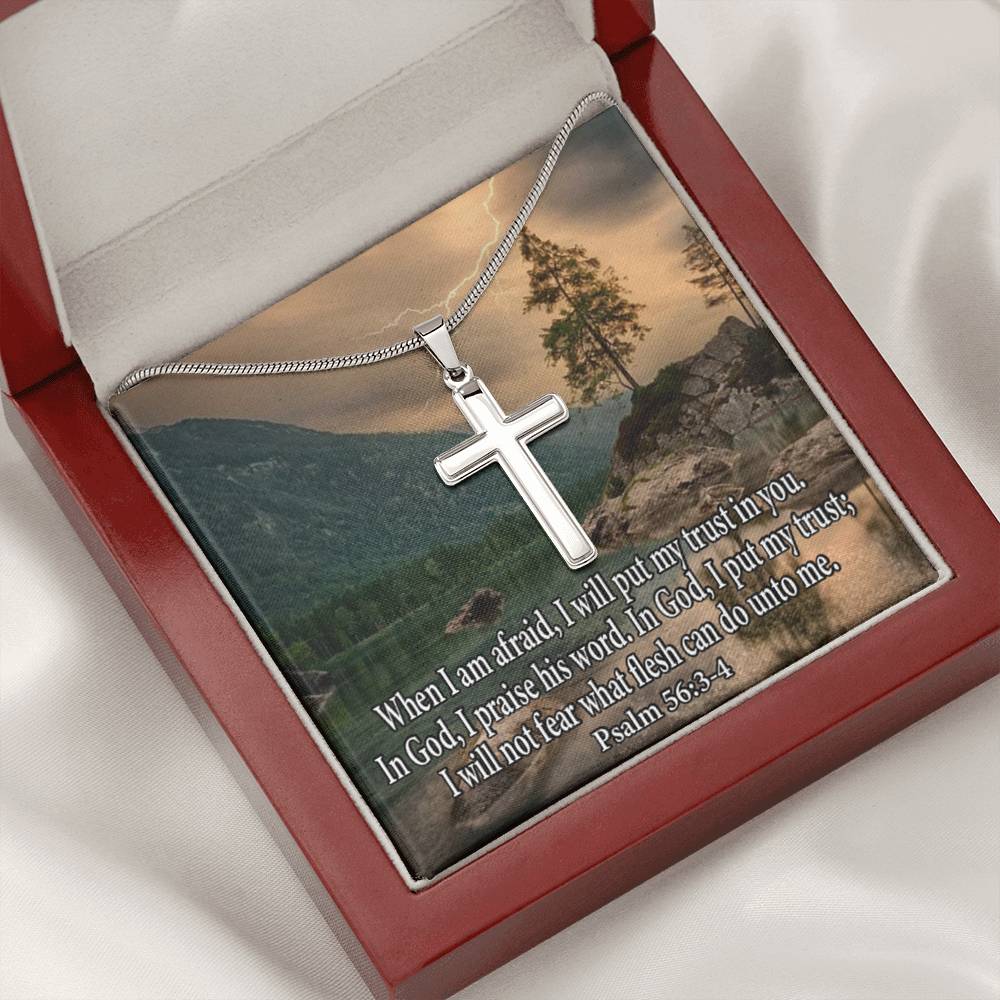 Scripture Card Trust In God Psalm 56:3-4 Cross Card Necklace w Stainless Steel Pendant Religious Gift-Express Your Love Gifts