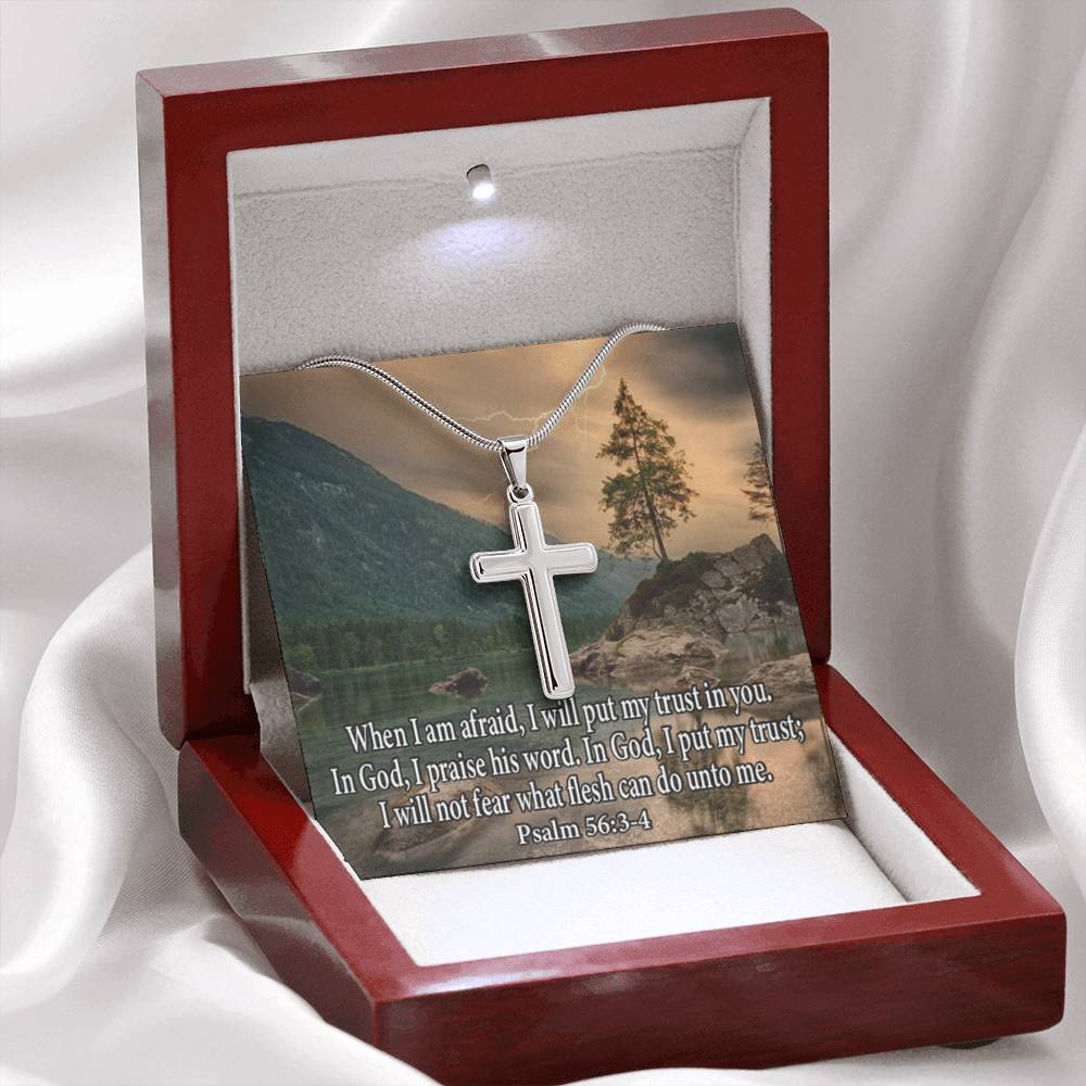 Scripture Card Trust In God Psalm 56:3-4 Cross Card Necklace w Stainless Steel Pendant Religious Gift-Express Your Love Gifts