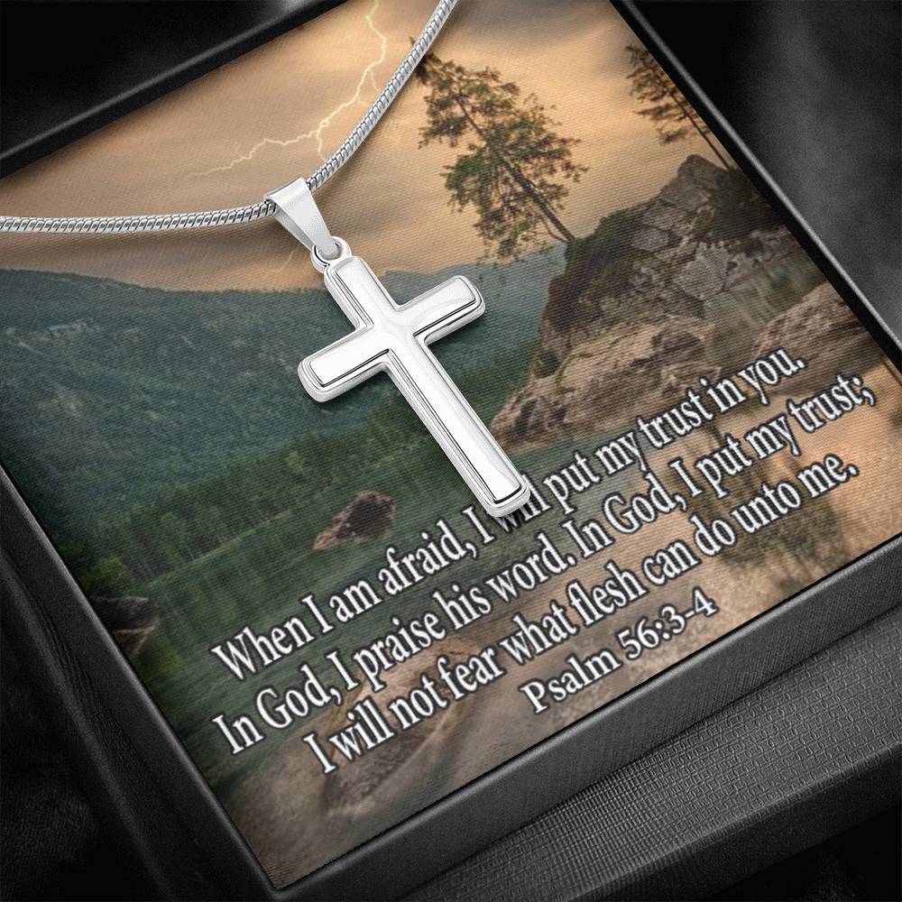 Scripture Card Trust In God Psalm 56:3-4 Cross Card Necklace w Stainless Steel Pendant Religious Gift-Express Your Love Gifts