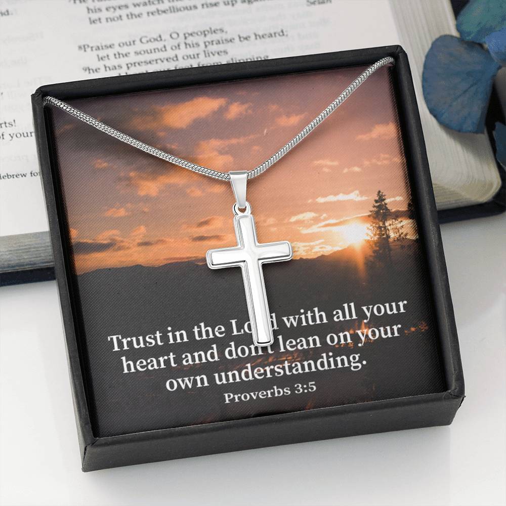 Scripture Card Trust In The Lord Proverbs 3:5 Cross Card Necklace w Stainless Steel Pendant Religious Gift-Express Your Love Gifts
